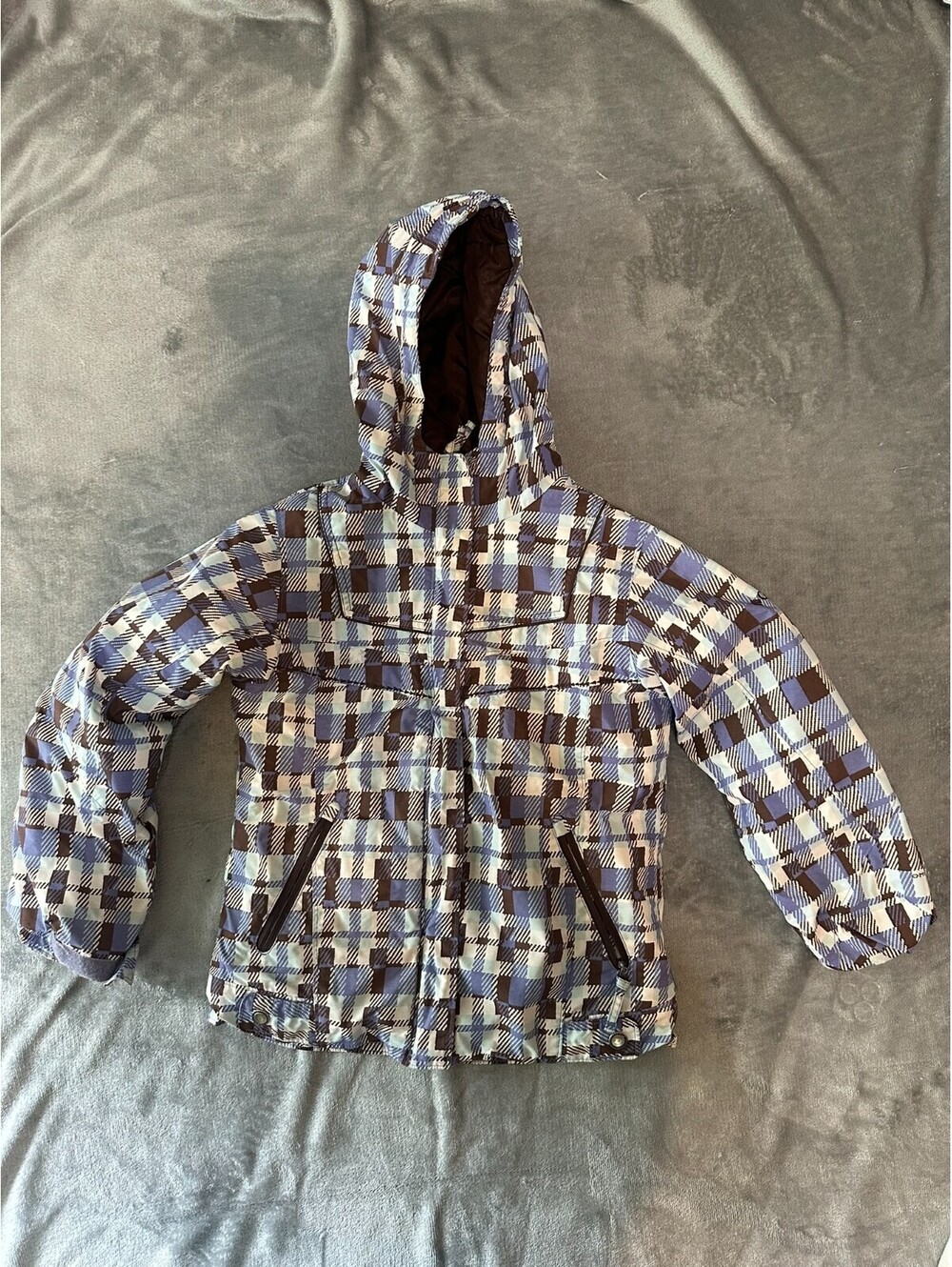 Columbia Youth 10/12 Plaid Winter Jacket Hooded Fleece Lined Blue Brown Coat